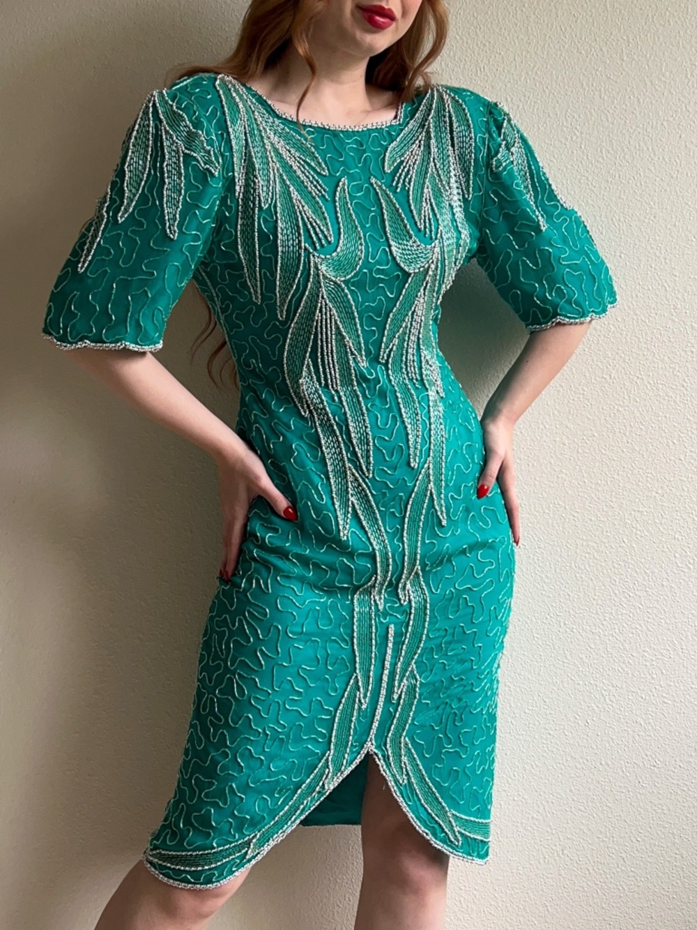 Vintage 1980s Teal Silk Party Dress With Beading (M)